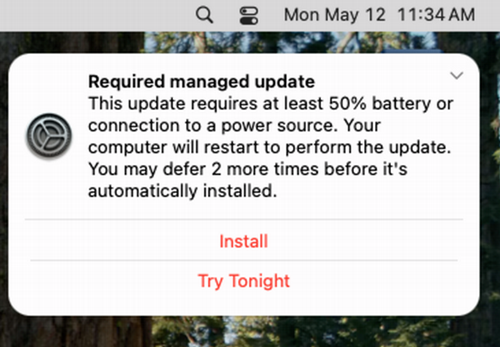 Prompt for the required managed update on the Sequoia OS with option to "Install" or "Try tonight".